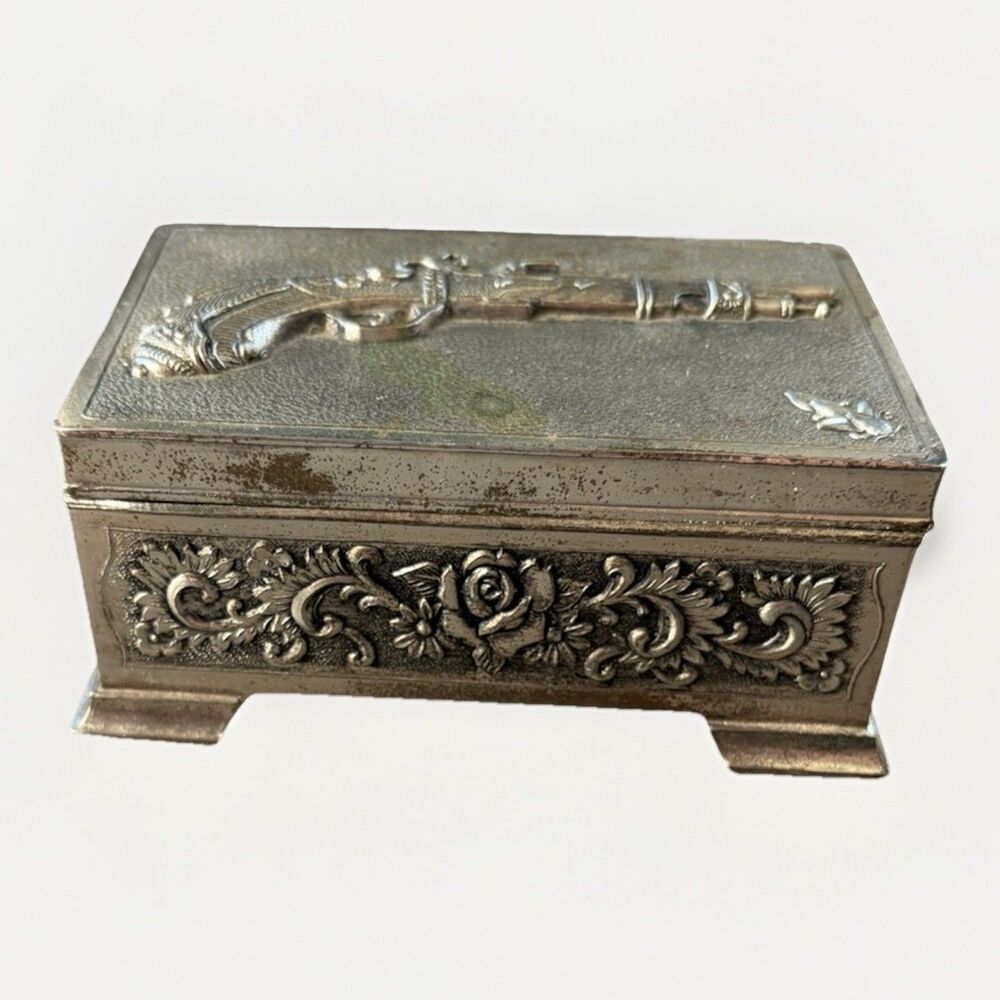 Vintage Ornate Silver Tone Trinket Box Flintlock Pistol Gun Motif Footed Box